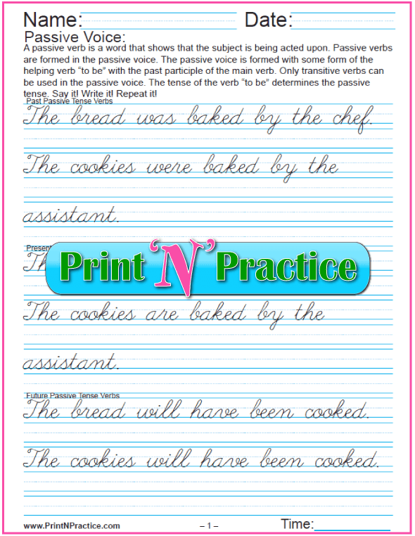 Passive Verb Worksheets: Cursive