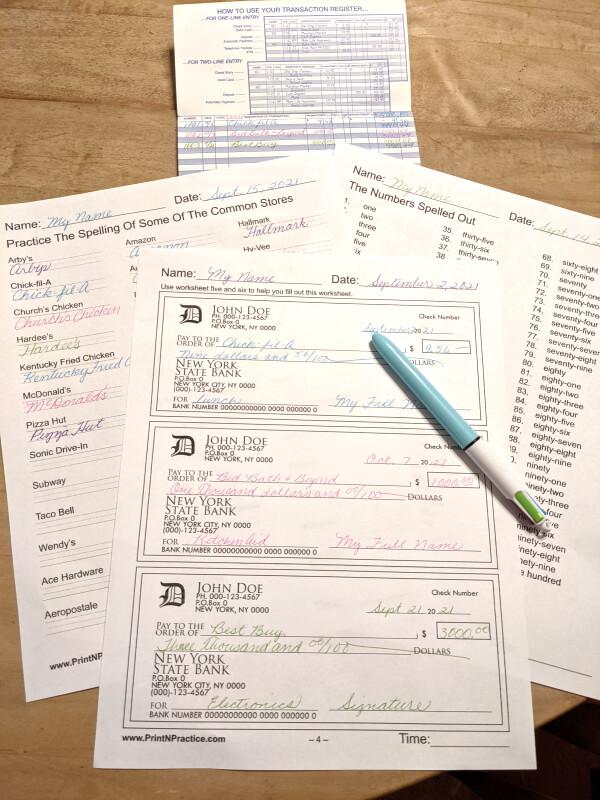 Practice writing checks worksheets from PrintNPractice.com.