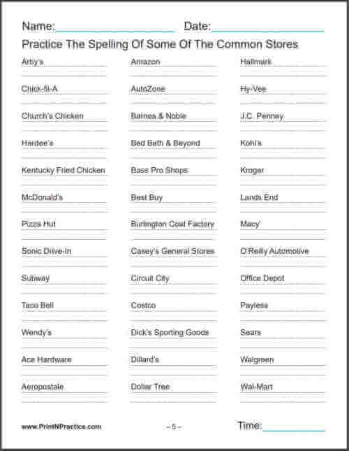 Store names printable worksheet.
