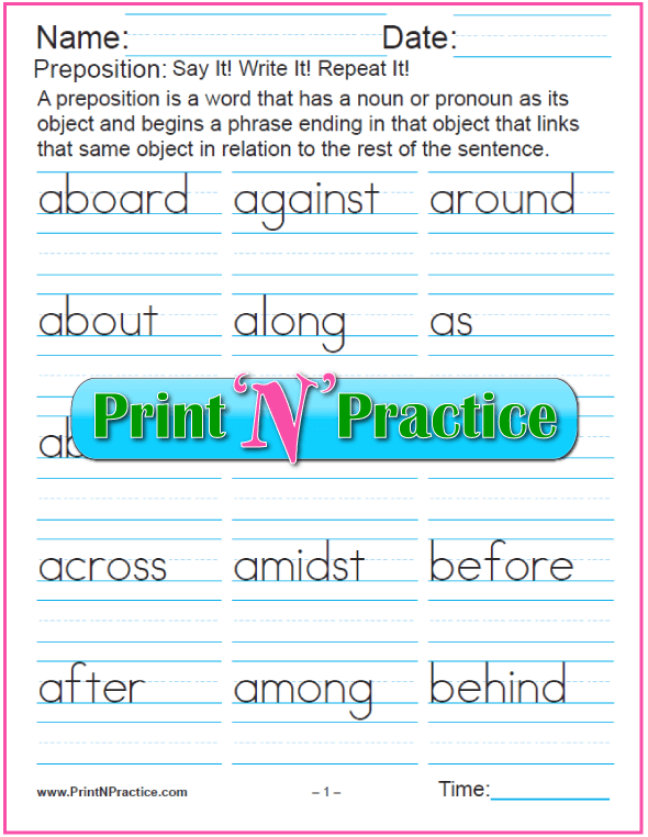 list of prepositions and preposition worksheets