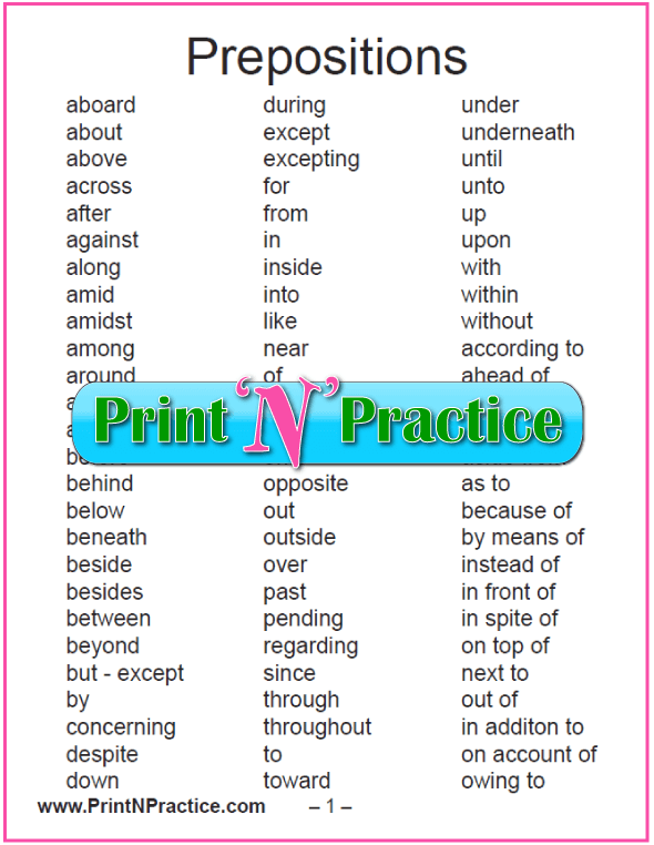 Preposition Chart Printable