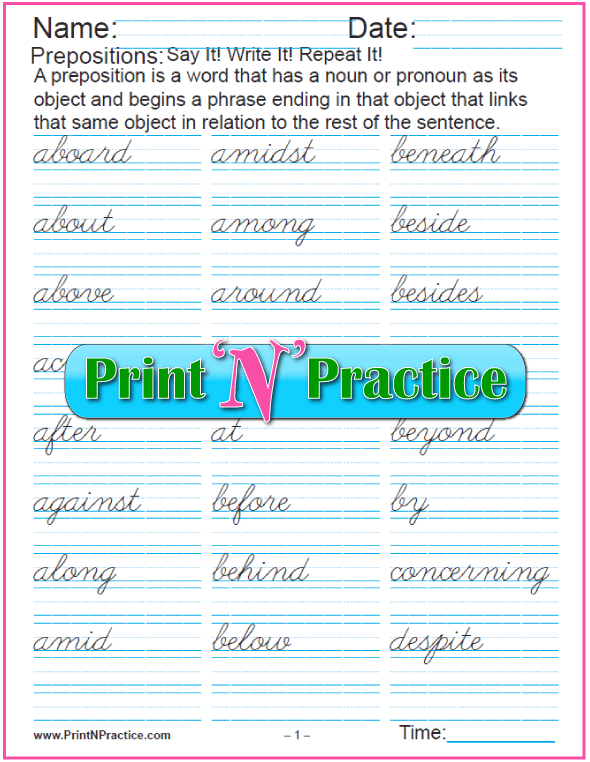 Preposition Chart Printable