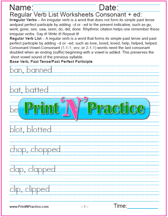 Regular Past Verbs Worksheets: Add Consonant -ed