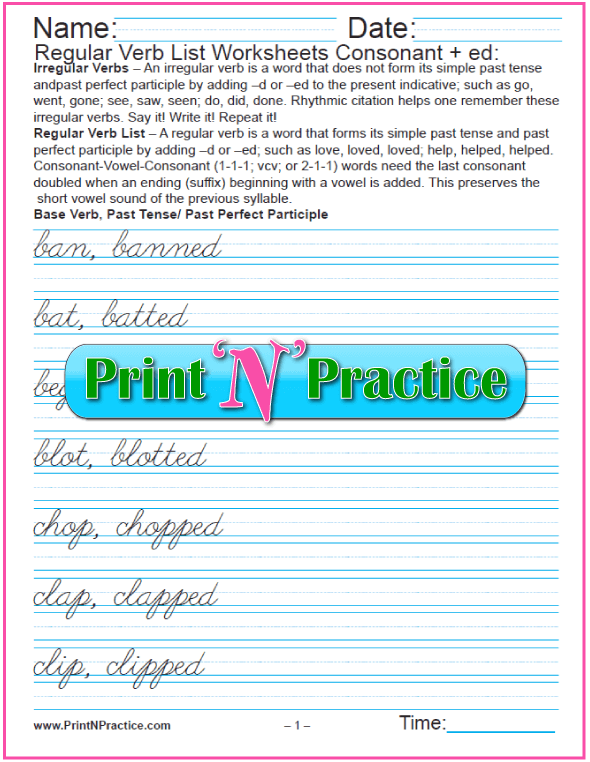 Regular Past Verbs Worksheets: Add Consonant -ed