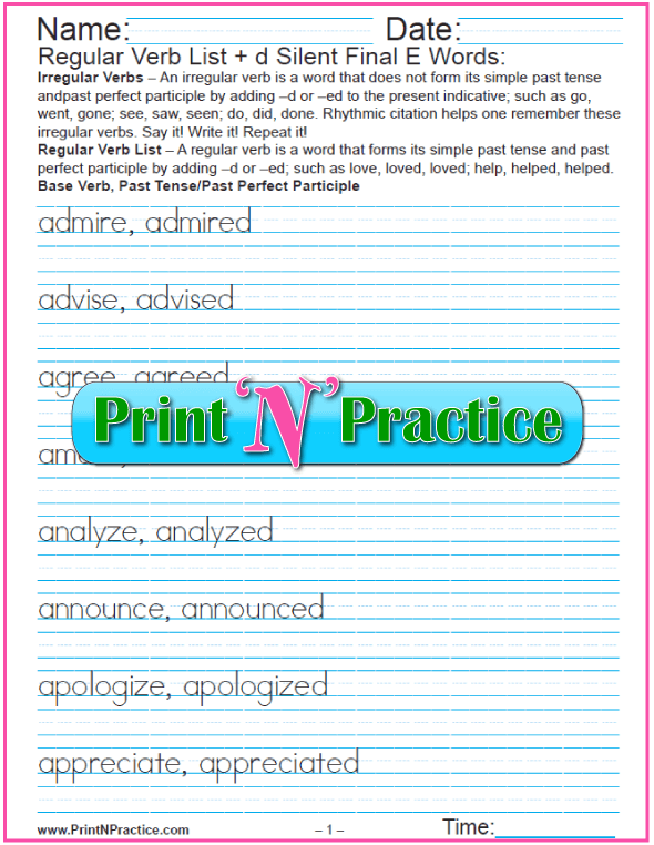 Regular Verbs ed Worksheets: Silent Final -e Words add -d
