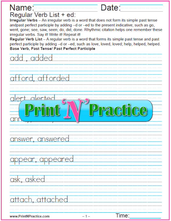 Regular Verb List Worksheets: Just add -ed