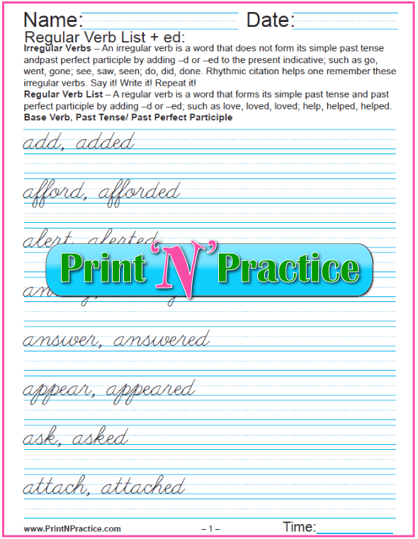 Cursive Regular Verb List: Just add -ed