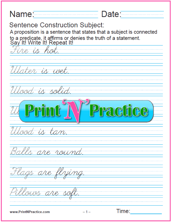 Cursive Sentence Worksheets: Subjects
