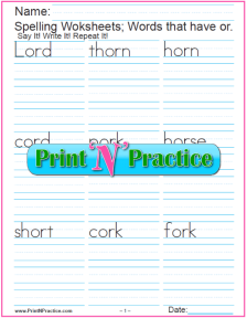 6 or Words Phonics Worksheets, digraph OR