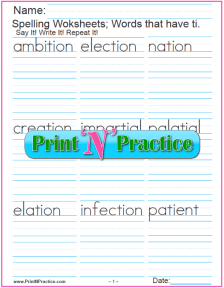 3 Words Ending In tion Printable Phonics Worksheets, Consonant Digraph ti words