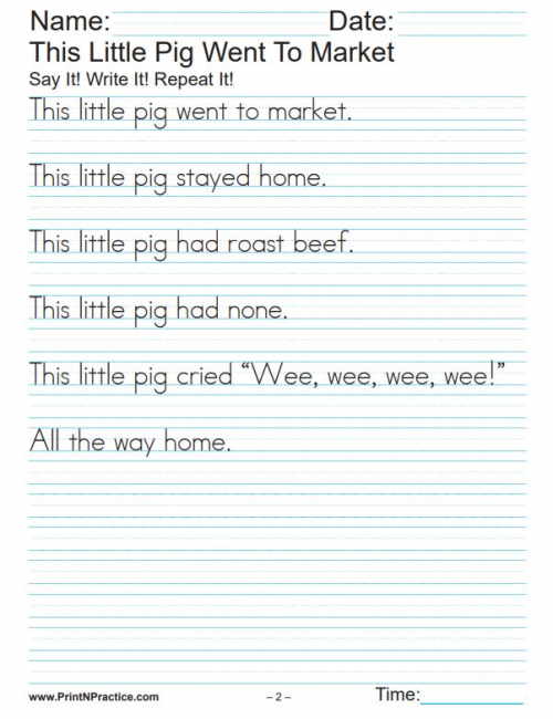 This Little Pig Went to Market Kindergarten Reading Worksheets - Handwriting Practice.