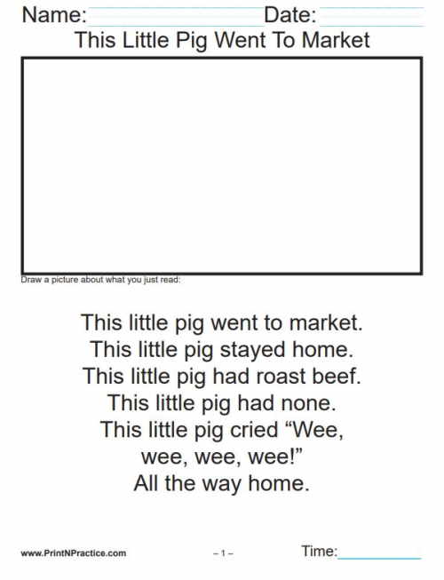 This Little Pig Went to Market Kindergarten Reading Worksheet