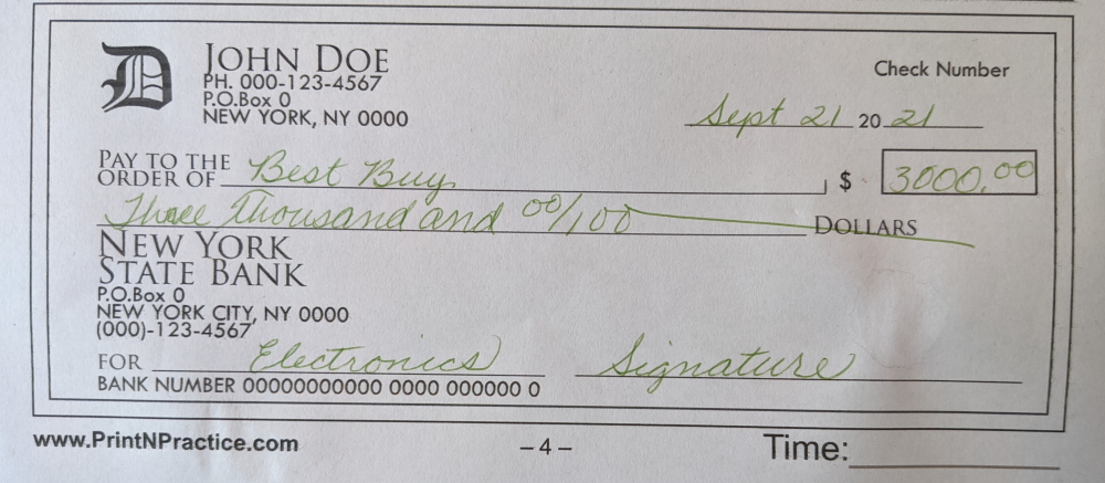 Practice for kids writing $3000 on a check.